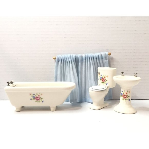 Unknown Other - Dollhouse Porcelain Bathroom Tub Sink Toilet Curtains Miniature Set Floral Vtg